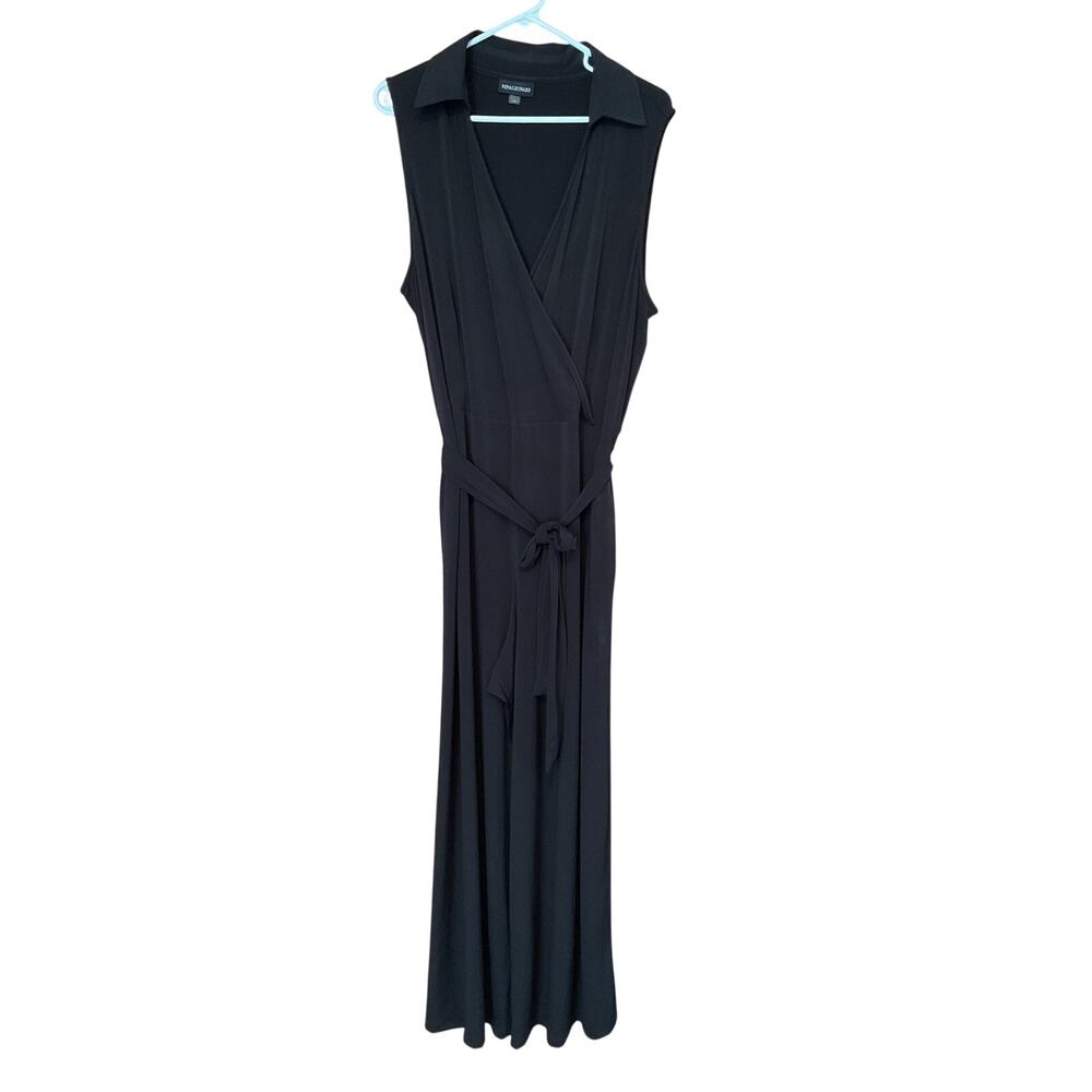 Nina Leonard Sleeveless Collared Surplice Wide Leg Jumpsuit. Black. Size 2X